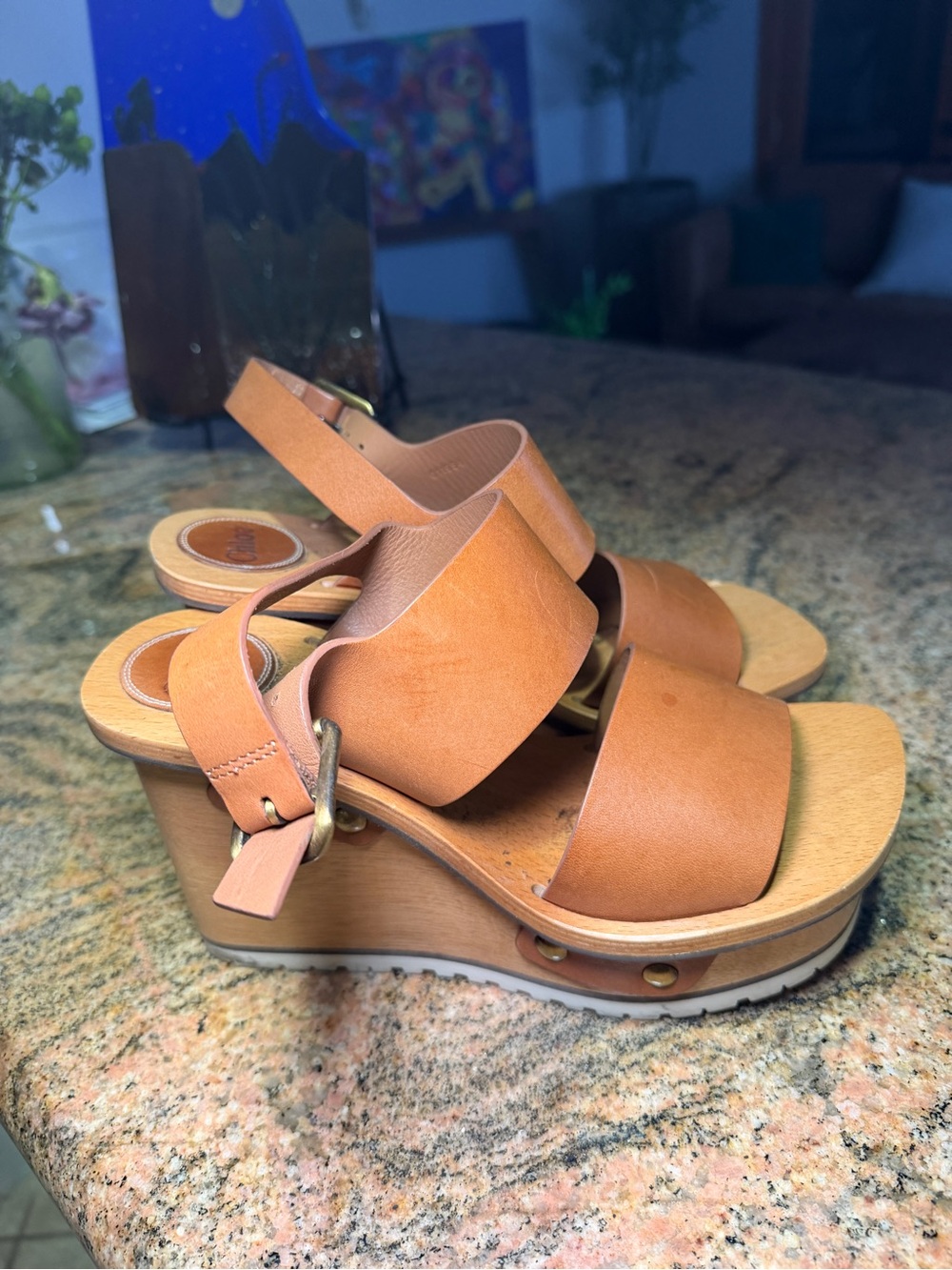 Chloe Women’s Tan Leather Platform Wedge Sandals -